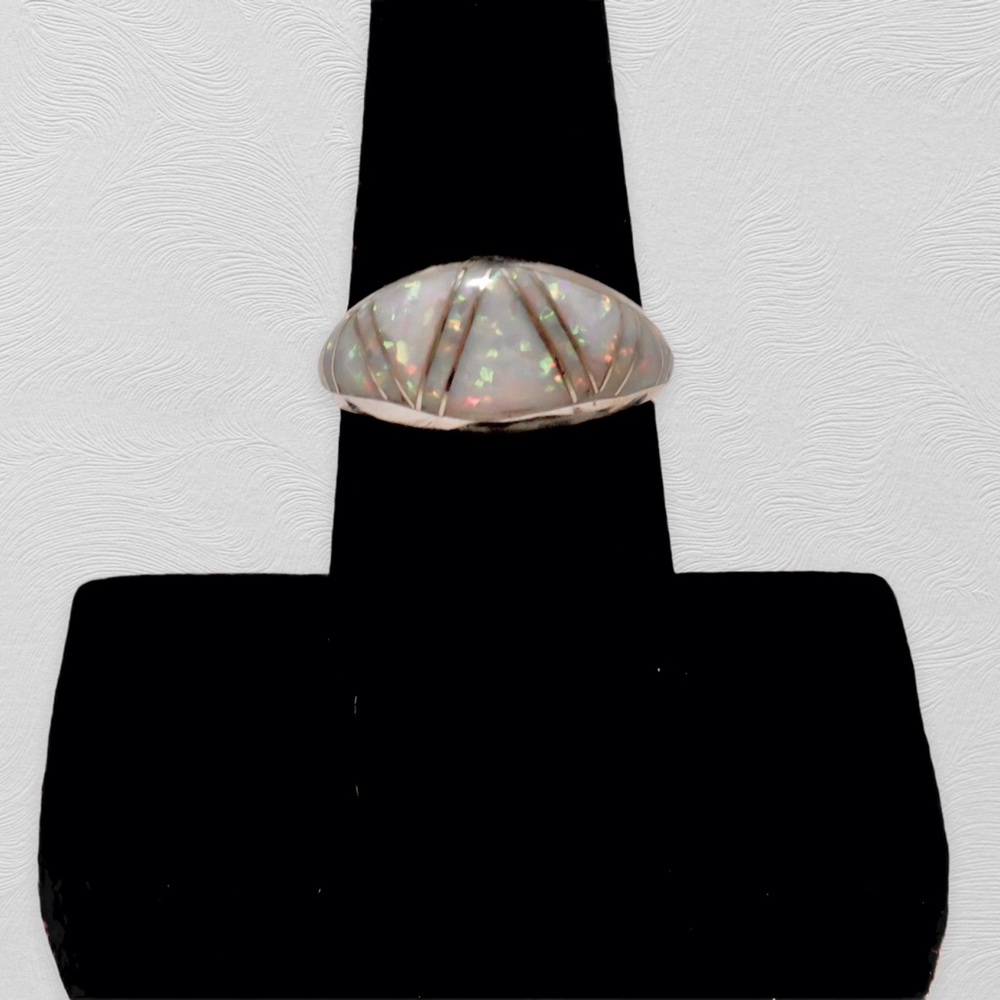 Sterling Silver Inlay White Lab Opal Dome Ring